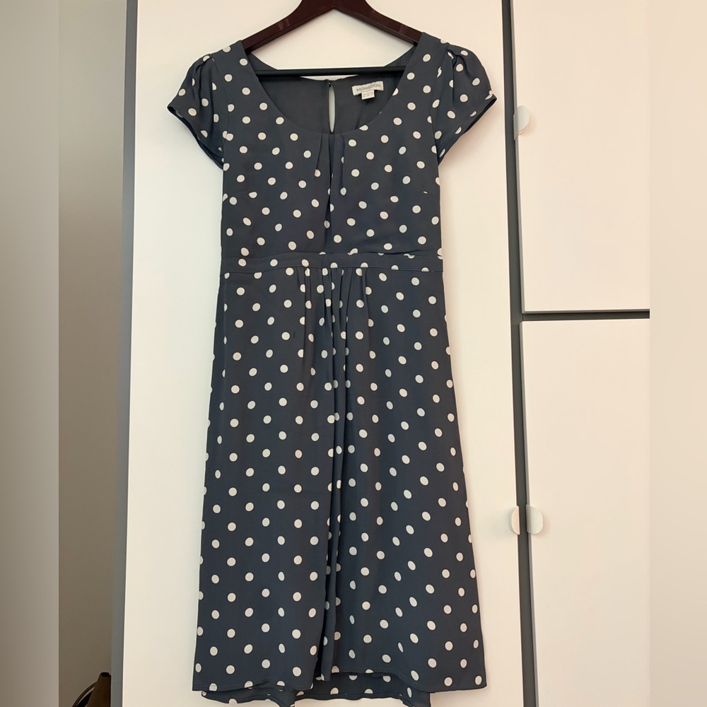 Monsoon Navy and White Polka Dot Cap-Sleeve Dress